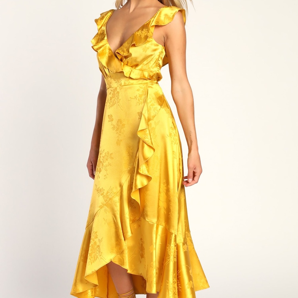 Lulu's Gold Satin Floral Jacquard Faux-Wrap Midi Dress